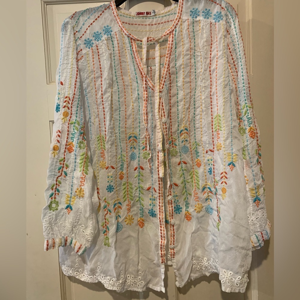 Johnny Was blouse, XL, gauzy white with colorful embroidery and eyelet details